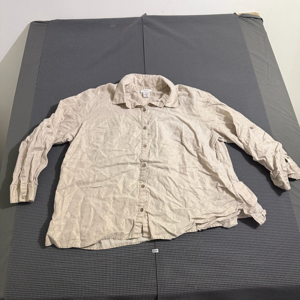 Kate Hill Woman Tan Gold Metallic Linen-Look Button Down Shirt Size 3X
